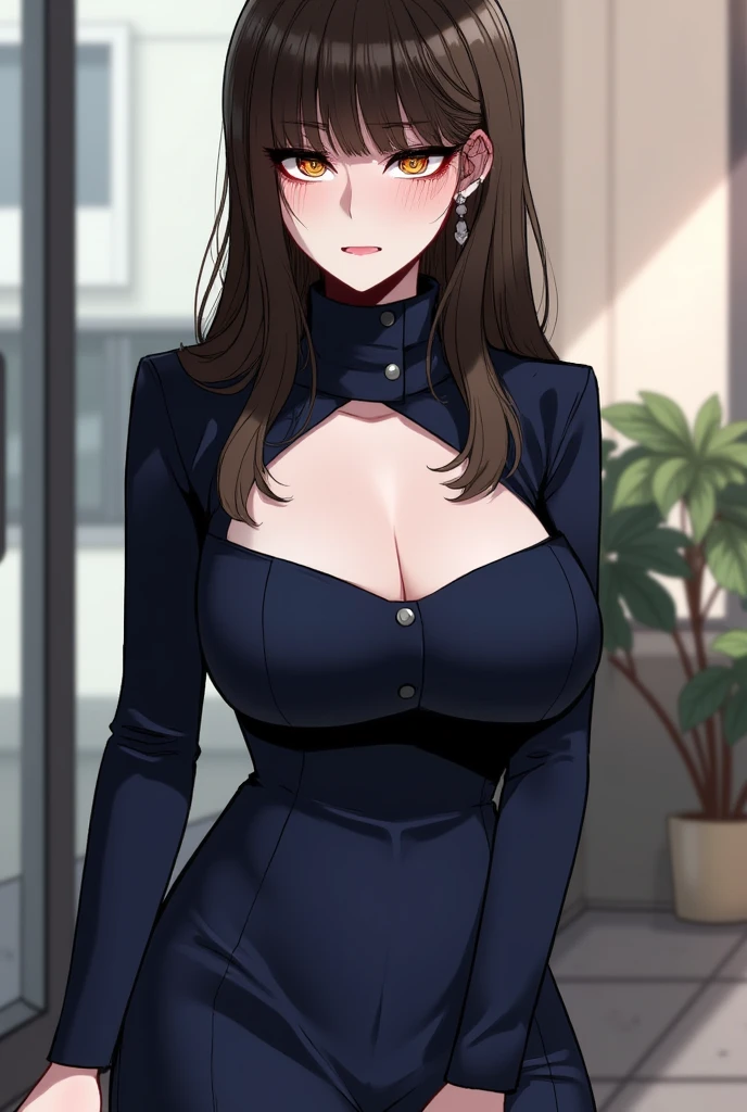 Highest quality,high resolution,Middle-aged women, Standing and smiling warmly. Height is about 155 cm,Normal body type,A soft and gentle impression, ((Brown medium hair)), (Bangs),give a cute impression,Round and gentle face, Big eyes,4 mother, Laugh lines at the corners of the eyes, A mature look on the forehead and mouth、Bright expression,(((She is wearing a long navy blue dress)))