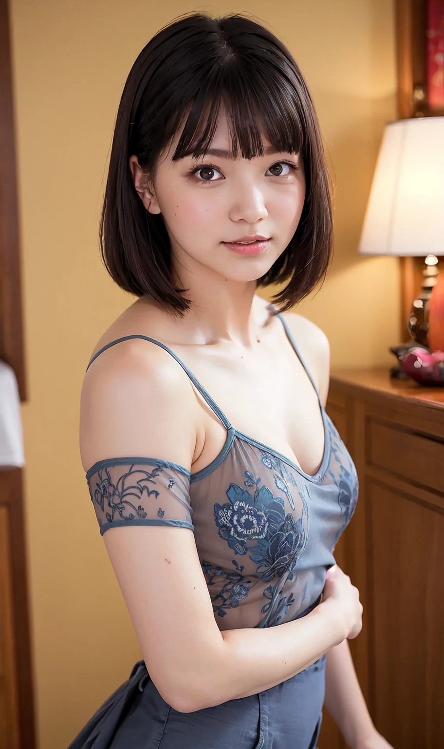 brightexpression、Photorealistic Stick:1.32、highest quality、超A high resolution、Photos of the most beautiful Japan girls、Cute and beautiful face details、Small face、(Facing the children_v1:0.008)、Beautiful bangs、14 years old、Glowing White Skin、Hair gets tangled in the face、Bangs that reach down to the face、bangs、Hair between the eyes、Short Hair、Attractive brown silky hair、bright、Clear light blue eyes shine charmingly、Ample breasts、Dynamic poses highest quality、Confused、((The cutest girl in the world))、Japanese、14 years oldの女の子、Sitting on the sofa bed、((Lace dress:1.3))、(Half Up Hair:1.3)、(Tie with a thin ribbon)、Nice and cute、An innocent smile、nice smile、Uneven breasts、(Small breasts:1.3)、Hunchback、ponytail、Brown Hair、Narrow waist、Beautiful eyes in every detail、Look forward、Upper Body、Face close-up、Front view、