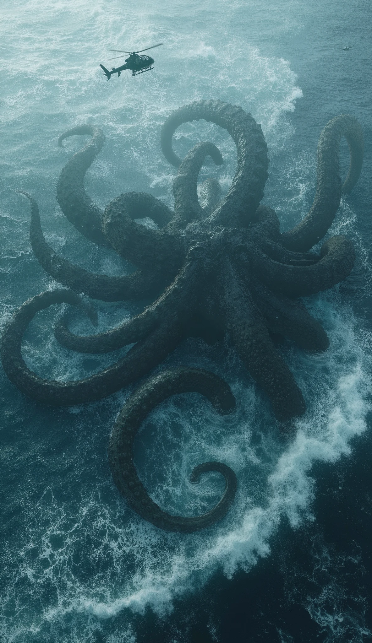 8 massive kraken tentacles emerging from deep ocean waves, (thick suckers with barnacles:1.2), (stormy ocean surface with splashes:1.3), dark seawater depth fading into black abyss --ar 9:16 --v 6 --style raw --chaos 85 Helicopter flying over the Kraken