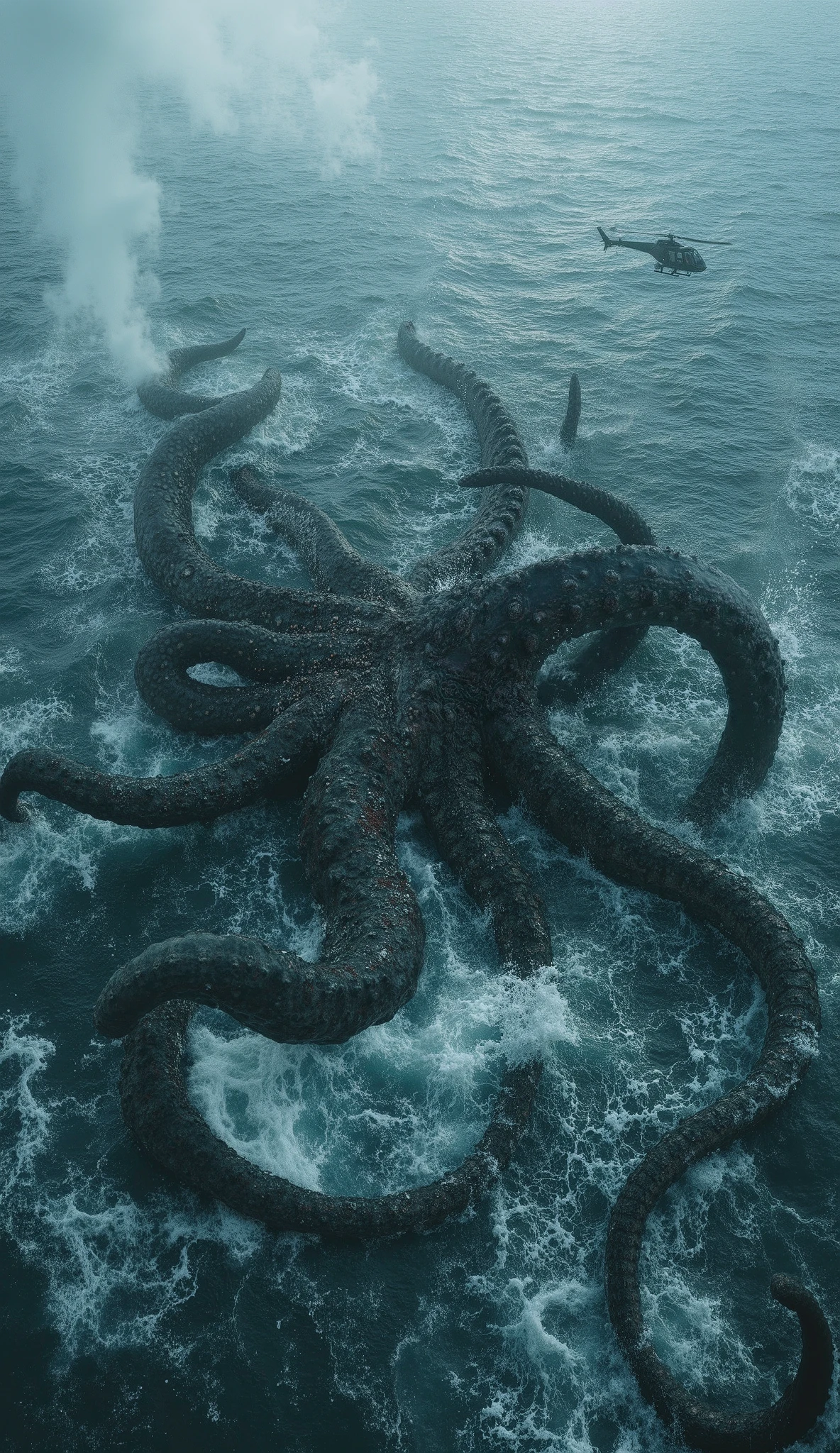 8 massive kraken tentacles emerging from deep ocean waves, (thick suckers with barnacles:1.2), (stormy ocean surface with splashes:1.3), dark seawater depth fading into black abyss --ar 9:16 --v 6 --style raw --chaos 85 Helicopter flying over the Kraken