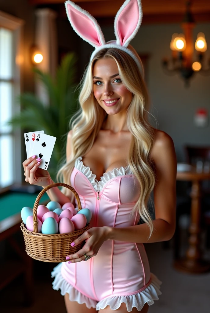 Female waitress with bunny ears serving 2 Easter eggs on a tray.