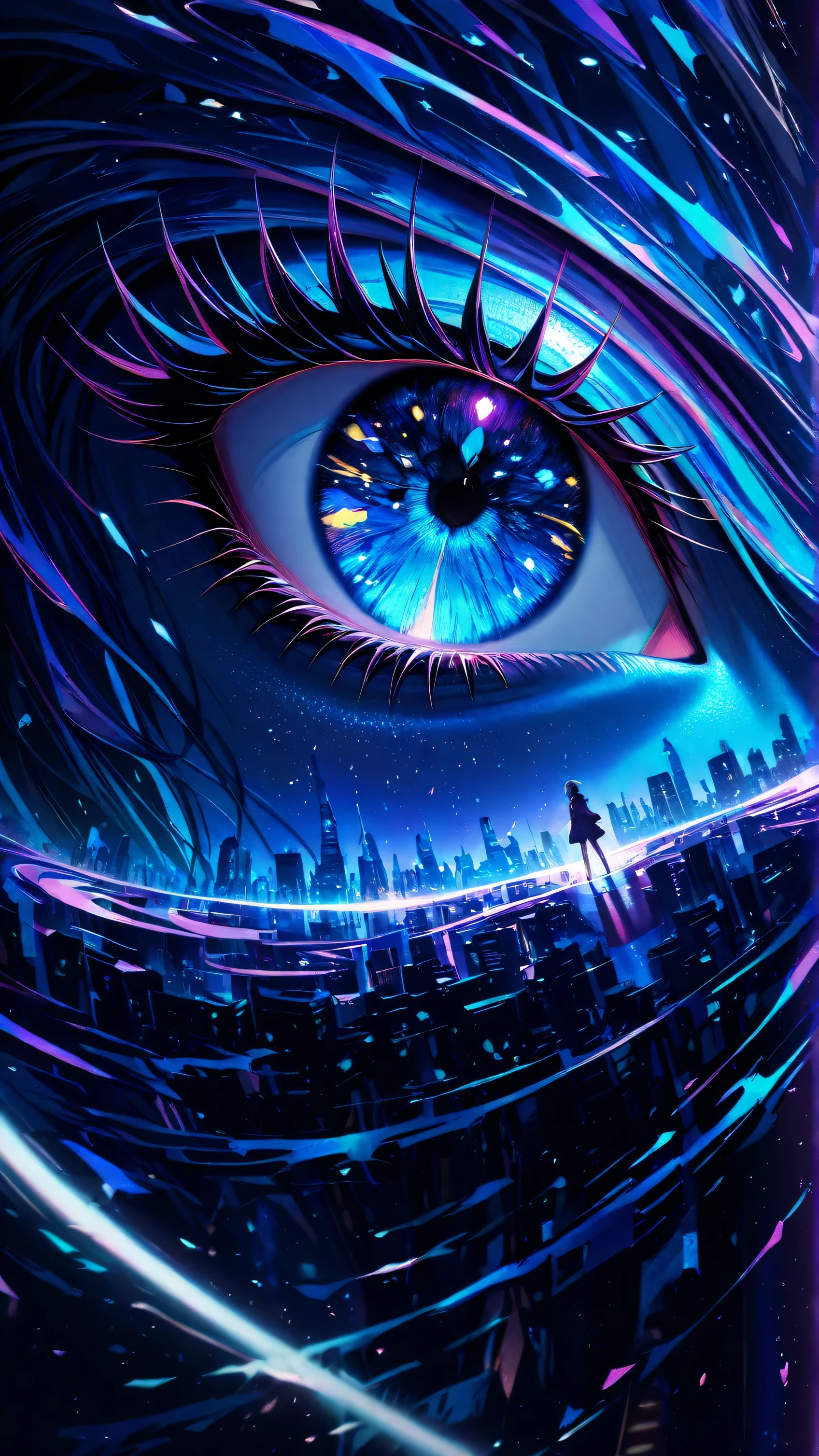 An ethereal and dynamic scene that represents the fleeting moment of 'In the Blink of an Eye.' A close-up of a human eye, with a surreal, glowing iris reflecting a rapidly changing cityscape or natural landscape. The image should evoke a sense of time moving too fast, with the blur of movement around the eye suggesting speed and transformation. Soft light trails of motion should surround the eye, representing the passage of time, with vivid colors like purple, blue, and gold, blending in a dreamlike haze. The overall mood should feel a little mysterious and mesmerizing, with a sense of both wonder and urgency