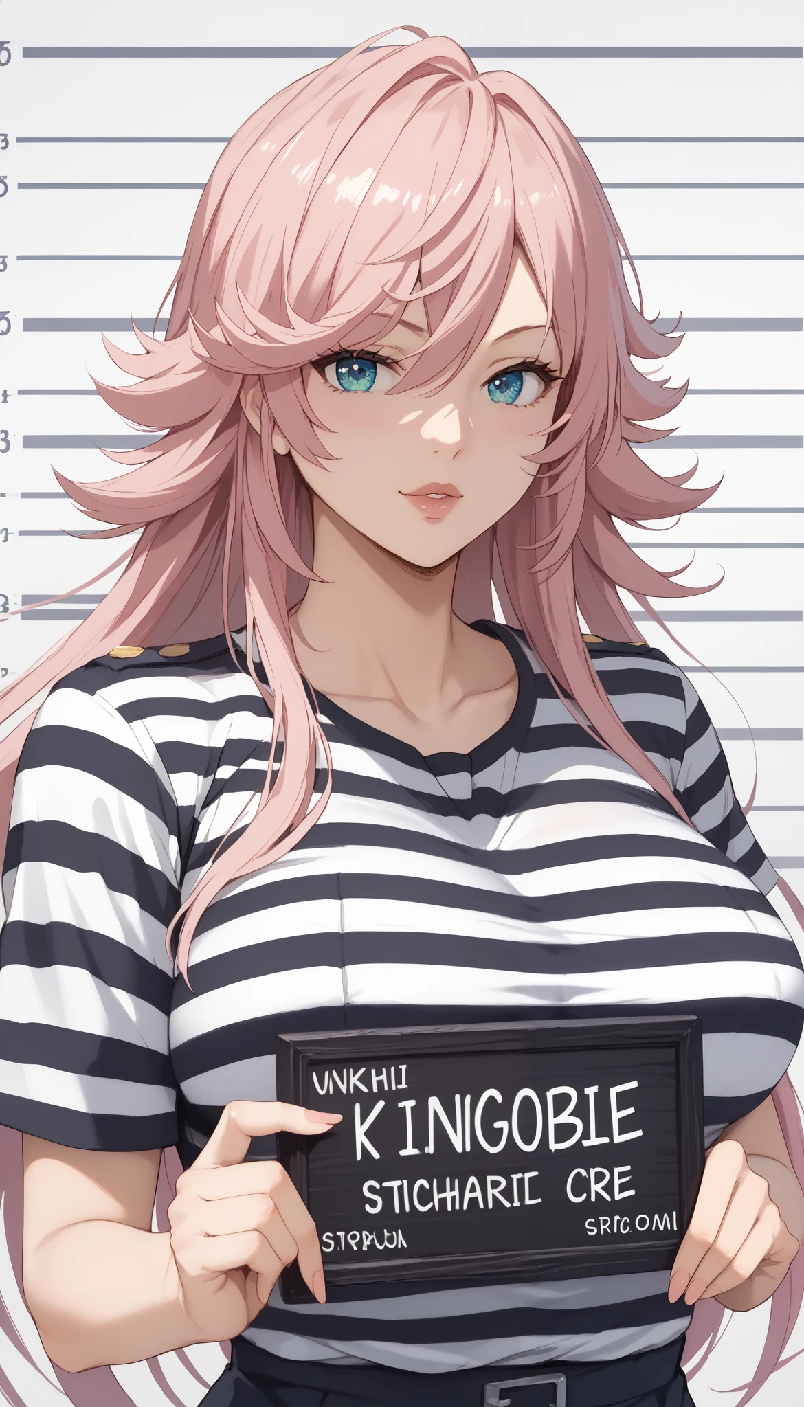 Yayoi kusakabe,Big breasts, G-cup breasts,masterpiece, best quality, illustration, suspect photo, height chart, 1 girl, upper body, holding a sign And without writing, looking at the viewer,long pink hair, beautiful narrowed eyes, prison clothes, striped shirt ,