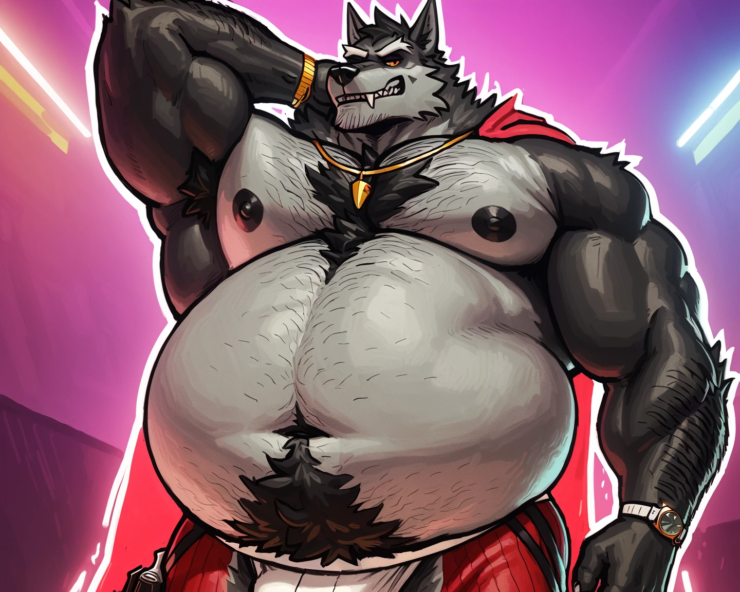 ((by Bebebebebe, by Syuro, best quality, masterpiece, perfect anatomy, detailed picture)), 1male, (obstagoon_(pokemon)), yellow eyes, Adult man, hunky punky body, big tails, handsome face, fluffy fur, thick fur, fluffy thick neck fur, big widely neck, (hi-vis vest, fundoshi:1.7), (wrestler training grounds background),(ultra large thick musclegut:1.6), ((extra overweighted body)), huge muscularity body, , extremely fat, immobile, extremely gigantic belly, stuffed, completely round body, big limbs, swollen cheeks, inflation, completely full, burping, blushing, absolutely huge stomach, blob body, straining clothes, morbidly obese, can't move, weight: blob, hi res, extra detailed, fallen forward on stomach. ((thick round big pectoralis, muscle bicep, thick thighs, strong arms, round potbelly)), very sexy and attractive, (belly show off), depth of field, motion blur, high details, high quality, award winning, HD, 16k, (best quality, 4k,8k,highres, masterpiece:1.2), soft art, ultra-detailed