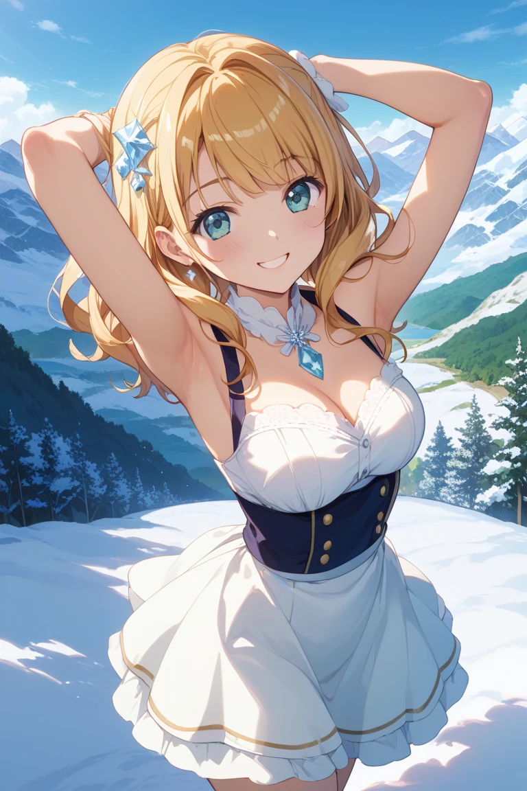 detailed illustration, dynamic angle, ultra-detailed, illustration, 1girl, long wavy blonde hair, long hair, bright blue eyes, hair clip, cleavage, medium breasts, cabin, inside, snow outside, smiling, seductive, leaning forward, pulling on shirt, eager, biting lip