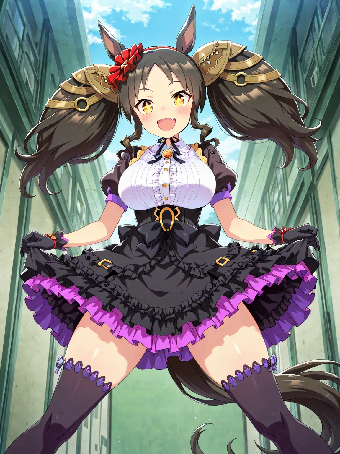 Uma Musume　Marvelous Sunday　Black hair twintails　tail　animesque