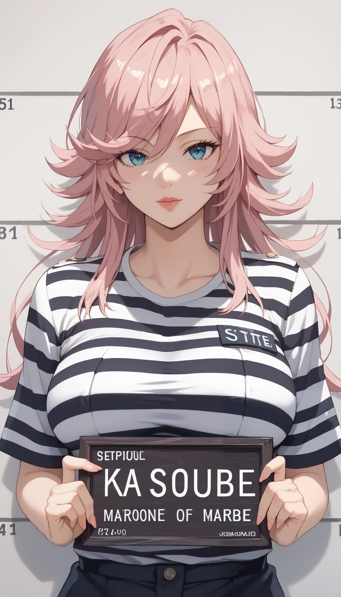 Yayoi kusakabe,Big breasts, G-cup breasts,masterpiece, best quality, illustration, suspect photo, height chart, 1 girl, upper body, holding a sign And without writing, looking at the viewer,long pink hair, beautiful narrowed eyes, prison clothes, striped shirt ,