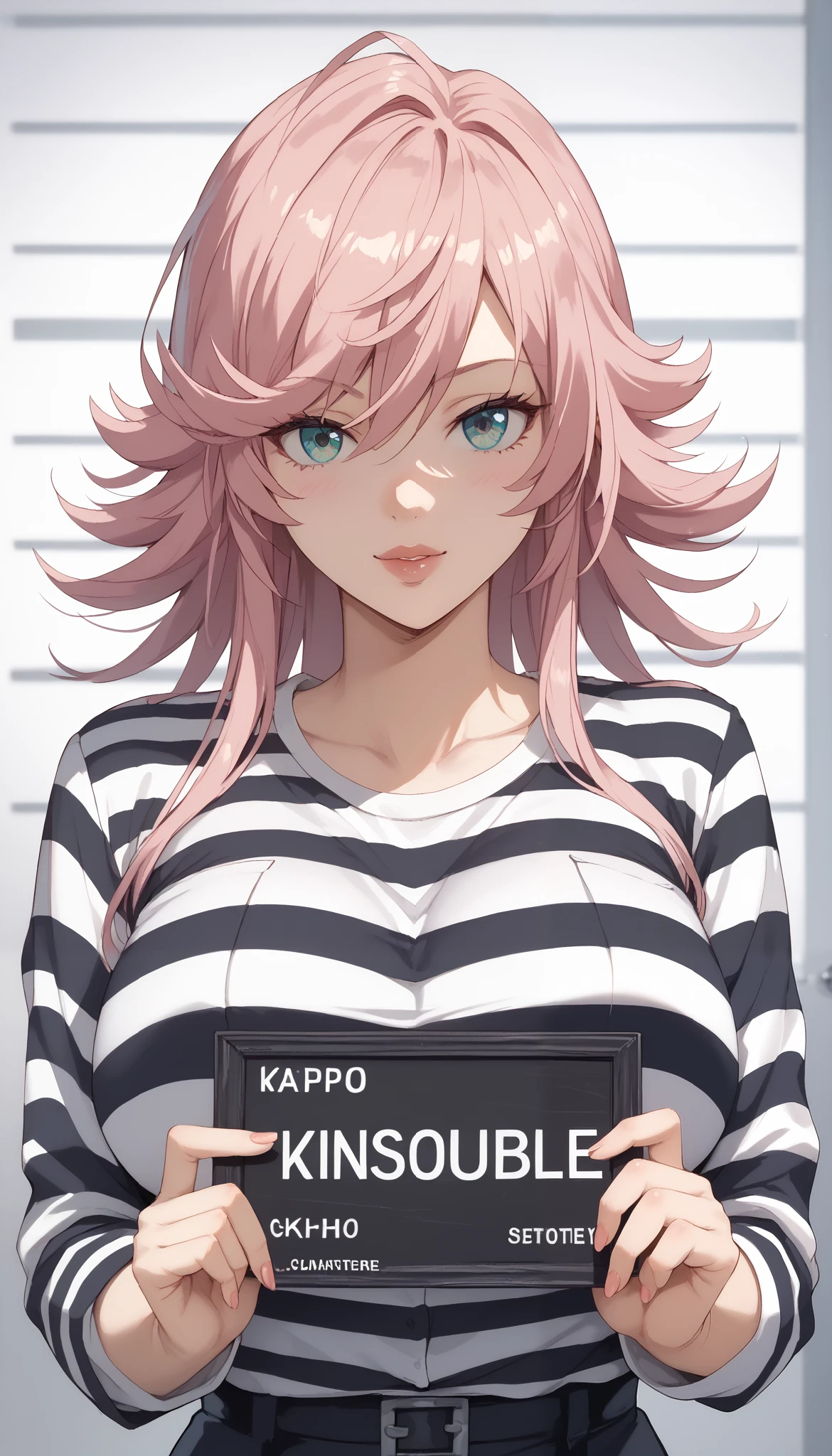 Yayoi kusakabe,Big breasts, G-cup breasts,masterpiece, best quality, illustration, suspect photo, height chart, 1 girl, upper body, holding a sign And without writing, looking at the viewer,long pink hair, beautiful narrowed eyes, prison clothes, striped shirt ,