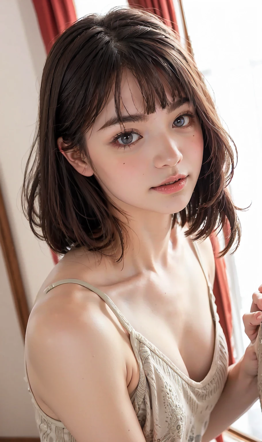 (realistic, photo-realistic:1.4), (masterpiece, best quality:1.2), RAW photo, high resolution, intricate details, extremely detailed, sharp focus, portrait, dynamic pose, solo, 1girl, (slingshot swimsuit, medium breasts):1.1, pale skin, detailed face, detailed eyes, smile, photo background, outdoors,light blonde hair,korean girl