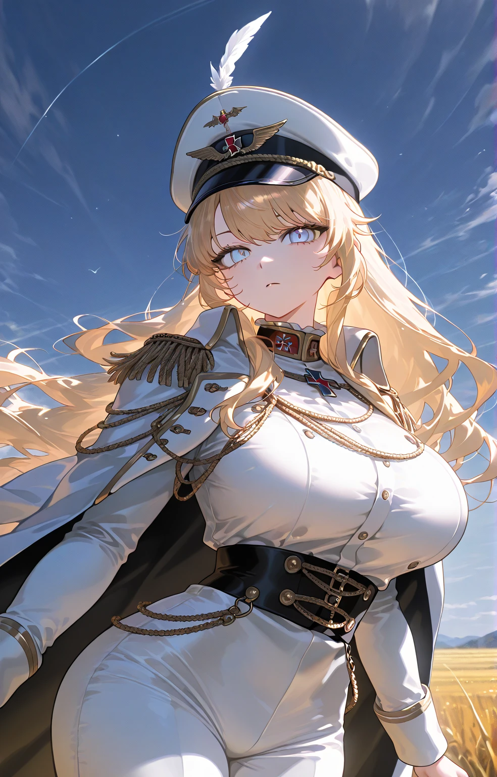 Create a detailed and faithful anime-style illustration of Haruka Sakura from “Wind Breaker.” The character has the following distinctive features:
1. Hair: Divided evenly at the middle, the right half is black, and the left half is white.
2. Eyes: The right eye is black, and the left eye is gold.
3. Eyebrows: The right eyebrow is black, and the left eyebrow is white.
4. Uniform:
• A green student uniform with gold embroidery on the collar and cuffs.
• The inner shirt is white.
• The belt is brown.
• The uniform’s jacket and pants are olive green.
• The uniform buttons are white.
• A white armband on the left sleeve.
5. Pose and expression: Include a confident and composed expression suitable for a student in a uniform.