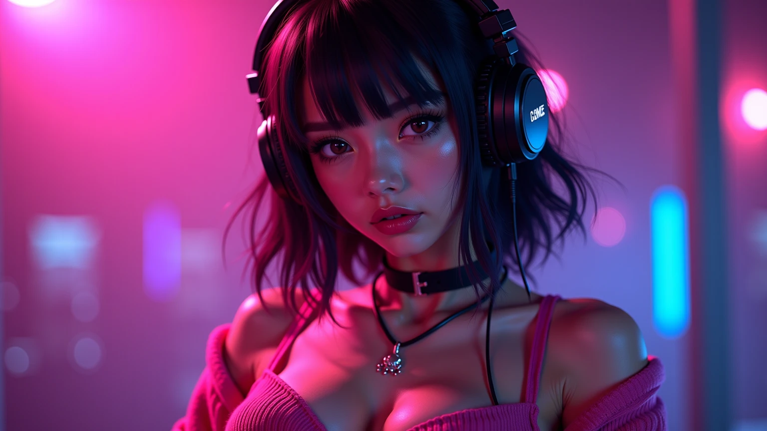 1girl,solo,27years old, realistic skin, 165cm height,57kg weight,bob hair,japanese,Rough skin,(looking at viewer:1.2),playing game,on a couch,head set,cleavage,no pants,curvy,beautiful face,beautiful,master priece,photo realistic,,figures in the background,neon lights in the background,tight slim fit long sleeve t-shirt,gamer vibe lights,glasses,no bra,no one in the background, micro short skirt,show panties