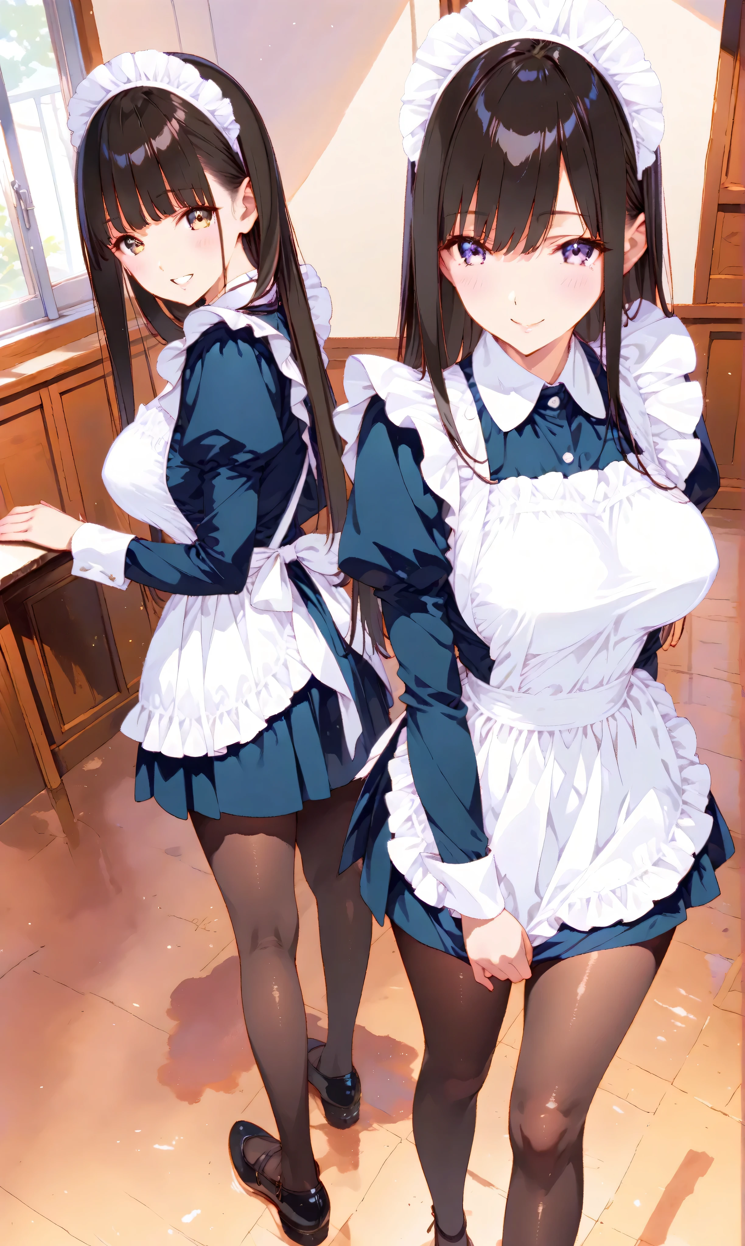 Maid, sexy body, big breasts, cleavage, big hip, stockings, garter belts, blushing, smiling, beautiful face, detailed face, detailed eyes, long black hair, blue eyes, full body, high quality, bedroom, dildo
