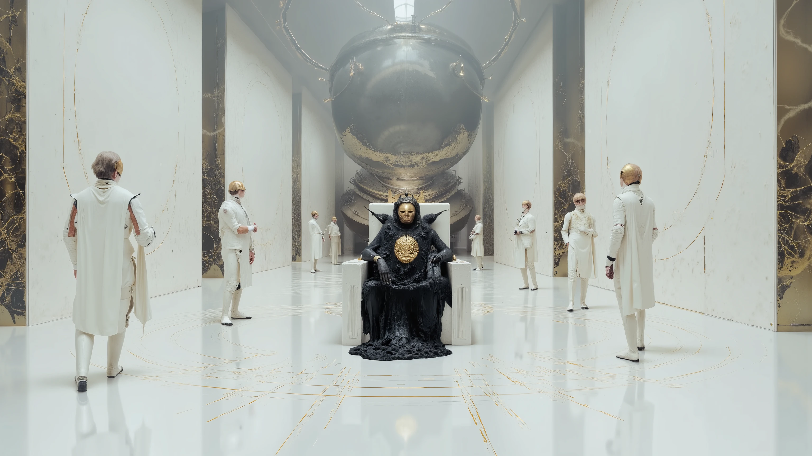 in the distance, a cloud of black humanoid fluid sitting on a white throne,It has a mirror reflection,The middle of the fluid is inlaid with this golden mask,The backrest of the throne stands tall,大Wide-angle composition。Two rows of soldiers stand neatly on both sides of the hallway,Religious composition,Sacred,Soldiers wear white armor,There are circuits and pipes on the armor,. The head wears a golden, circuit-textured helmet,The scene is big and empty,A sense of emptiness in the scene,Sacred,The scene has a long hallway,The hallway has a golden circuit texture,There is a huge Morbius ring staircase in the distance of the hallway,The scene has two huge rows of white square columns forming a triangle,The ground of the scene is white with pipes and lines,in the background has a suspended metallic sphere connected to wires and circuits mirrored,Pure White Holy,There are many circuit textures on the columns, Grid light and shadow,Pillars soar into the clouds,creates a sense of depth and perspective, Dark Tones,Film composition ,Wide-angle composition,Movie lighting ,Art by Piotr Jabłoński,drk4rt,Billie Eilish