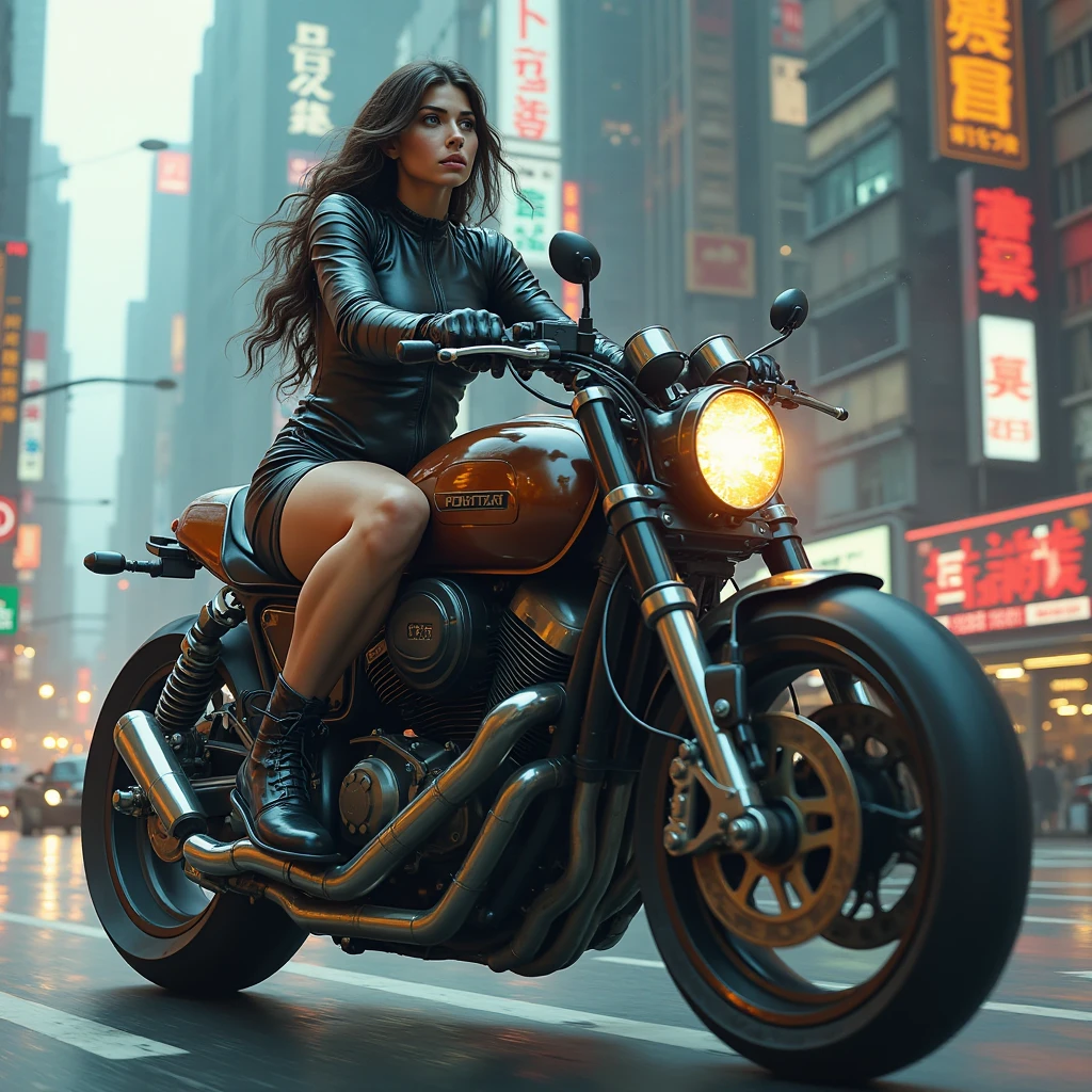 araffe woman in leather outfit sitting on a motorcycle on a city street, a picture inspired by Hedi Xandt, trending on cg society, photorealism, dressed in biker leather, motorcycle, cosplay on black harley queen, wearing a full leather outfit, motorbiker, sitting on a motorcycle, harley davidson, motorcycles, harley queen, leather, biker