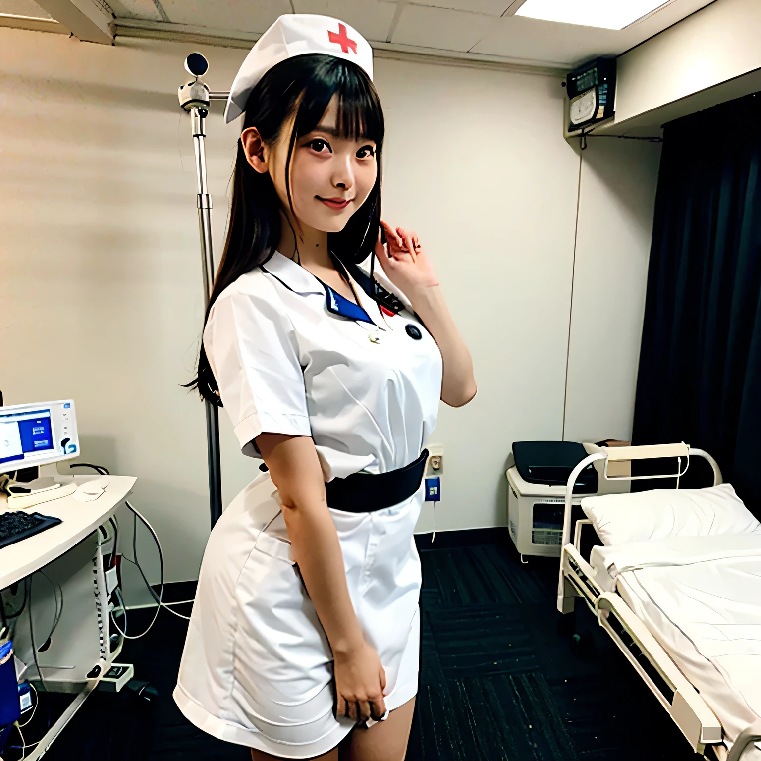 A breathtakingly beautiful 20-year-old woman stands in a warmly lit hospital room, dressed in a white mini-skirt nurse uniform with a matching cap. Her shy smile adds a touch of charm, while the surrounding medical equipment and furnishings create an authentic yet welcoming atmosphere. Dark hair, long hair, dark eyes.