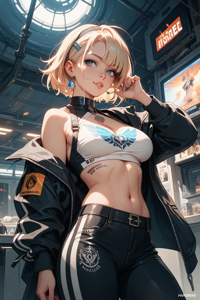 (masterpiece, best quality), 1girl, <lora:KurumiSSakazaki:0.8> KurumiSSakazaki, 1girl, solo, short hair, blue eyes, blonde hair, large breasts, single thighhigh, gloves, navel, cleavage, black shorts, red choker, midriff, bare shoulders, collarbone, jacket, hair over one eye, black headwear, peaked cap,