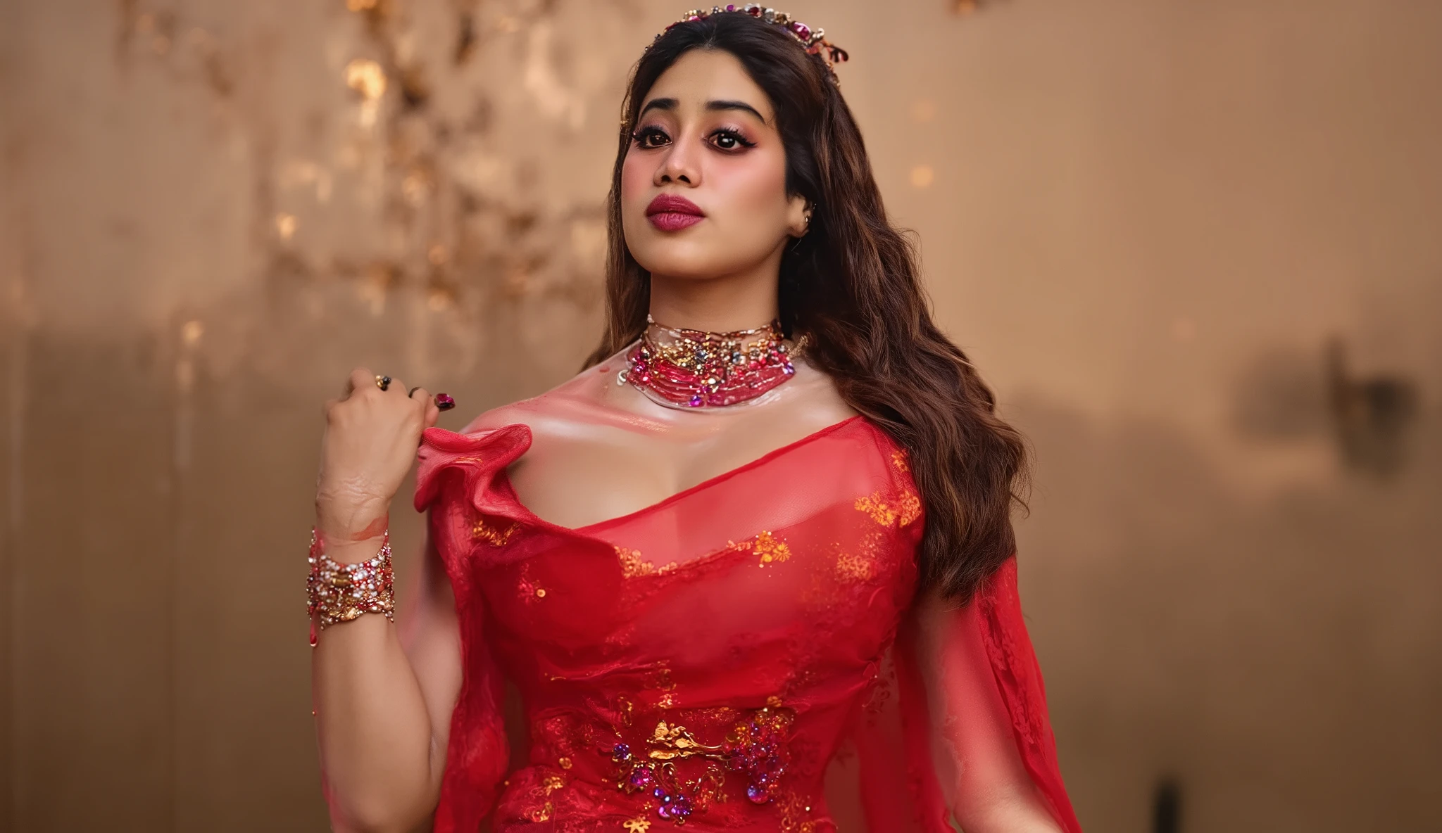 cinematic full-body portrait of a mesmerizing Indian woman, wearing a sheer red saree with golden accents, the translucent fabric draping elegantly over her body, revealing her graceful curves, deep-cut blouse with intricate embroidery, waist chain enhancing her slender waist and exposed navel, adorned with royal jewelry including sapphire earrings, a delicate choker, and bangles, long flowing hair cascading over her shoulders, deep expressive eyes filled with regal charm, soft golden-hour lighting, cinematic composition, bokeh background, HDR, 8K, masterpiece --ar 9:16 --v 5