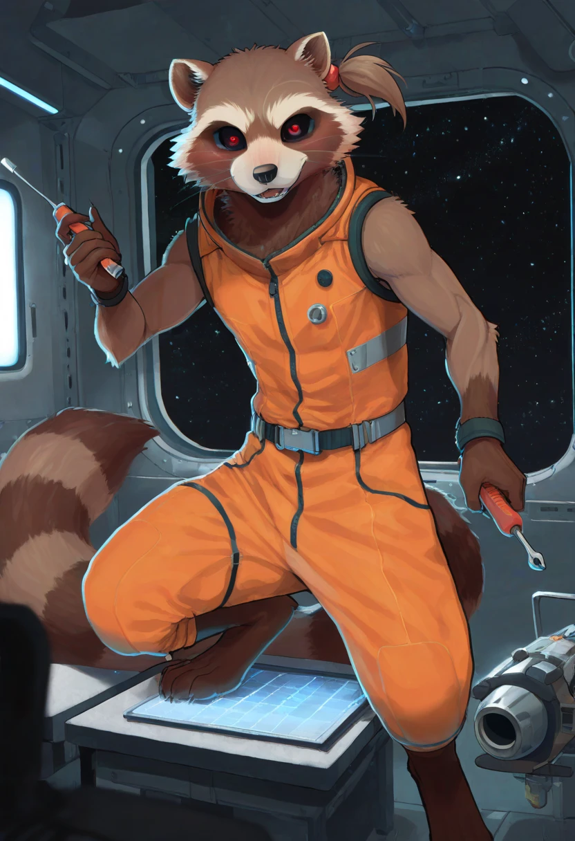 ((by Buta99, by Meesh, best quality, masterpiece, perfect anatomy, detailed picture)), 1male, Rocket Raccoon, adult, dark brown furs, dark orange eyes, skinny chub body, green legless costume, small bulge, green gloves, green boots, backwards, showing butt, in the spaceship room