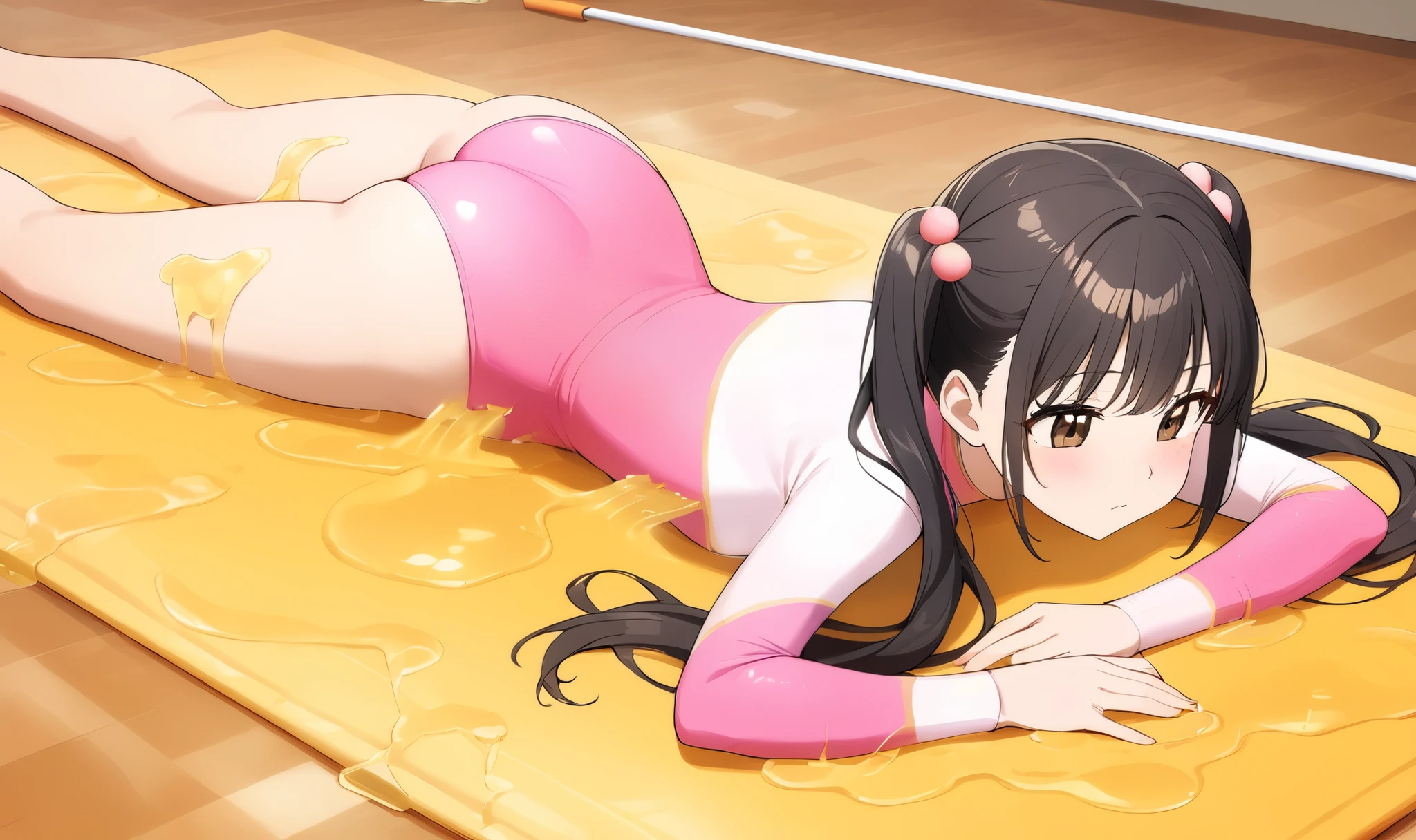 an anime cartoon girl on a floor a long hair style, 1girl, athletic leotard, solo, leotard, twin tails, black hair, brown eyes, high neck leotard, pink leotard, gymnastics, ass, prone, on stomach, sticky, sticky glue, slimy, glue trap, adhesive trap, adhesive, yellow glue, yellow slime, yellow sheet,