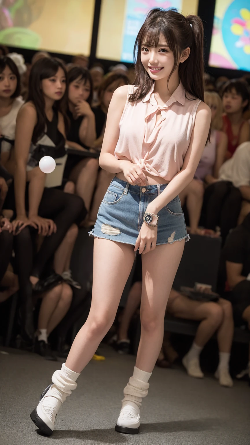 nsfw, 8k, best quality, highres, realistic, real person, A dynamic scene of a female model walking confidently down a runway, surrounded by a large audience under bright lights. The model is elegantly dressed in a high-fashion outfit, with the spotlight focused on her. She exudes confidence and grace as she strides forward. The audience is captivated, and the atmosphere is vibrant and glamorous, capturing the essence of a high-end fashion show. Turquoise jewelry, denim shorts, ankle boots, Big breasts, cleavage, beautiful legs, long beautiful legs, beautiful waist, exposed belly button