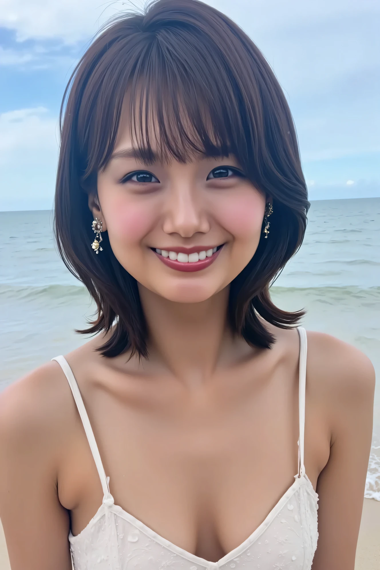 1 girl, Japanese, realistic, beautiful and detailed face, looking at the viewer, simple background, alone, Ocean, bikini, small breasts, Tank top. Sunny, noon, summer vacation, beach, (short hair), smile, Movie-like lighting, movie, Japanese drama, (necklace), earrings、Are standing、Thighs、Backwards、