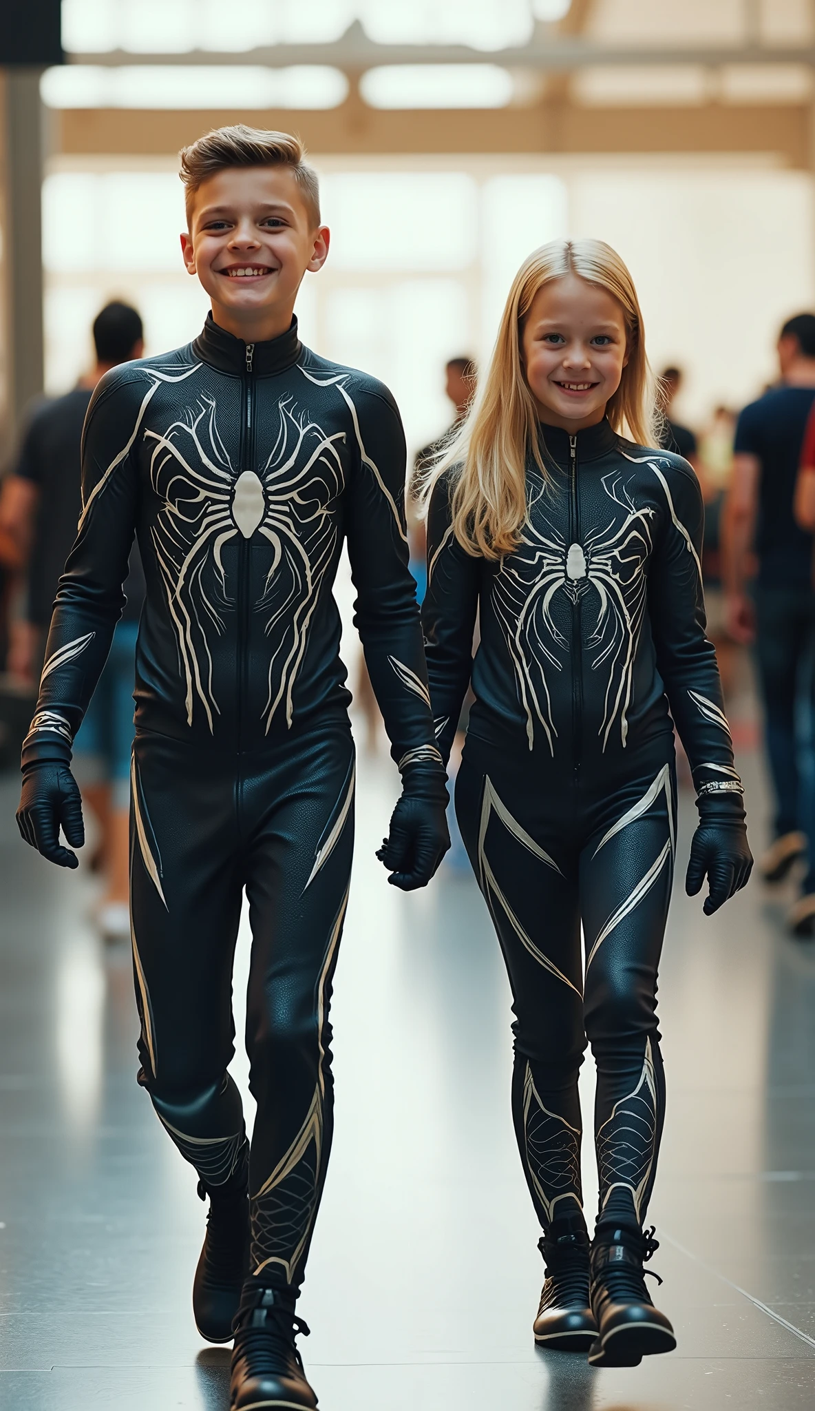 character: 1 boy, and 1 girl. They have blonde hair and They have cute faces.
action: Walk straight and look straight ahead.
Expression : smiling.
Costume : they Wearing futuristic venom body suit
Background : A bright indoor public space , with people vaguely seen in the distance, shows that this picture was taken at a fun event or get-together, maybe a convention or costume . They radiate happiness as they walk confidently in their superhero costumes. Show the whole body.
