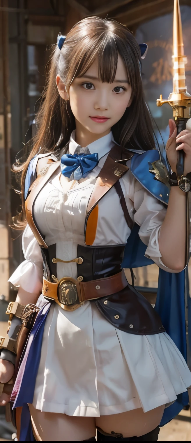 Same woman in different scene wearing medieval style clothing wear, pokies, remove upper arm decorations, front lighting, fix eyes, fix face, perfect hands, perfect face, keep pants bulge, blue sky in background, darker Auburn hair, small pointed ears, smaller elven ears with swept back points, give her weapons, add a sword in right hand hand and flintlock pistol in left hand, pants bulge, smaller pointed DnD elven ears swept back points, smaller breasts, (masterpiece:1.2), (best quality:1.2), high resolution 8k, perfect lighting, sharp focus, 1 elven woman, solo, german features, dynamic pose, highly detailed face, shorter dark Auburn shoulder length hair, high detail eyes, perfect eyes, perfect face, toned and fit muscular, muscled, medieval adventurer, medieval city, wearing medieval style pants with bulge and full doublet jacket and longer length tunic, full body view, smaller breasts,