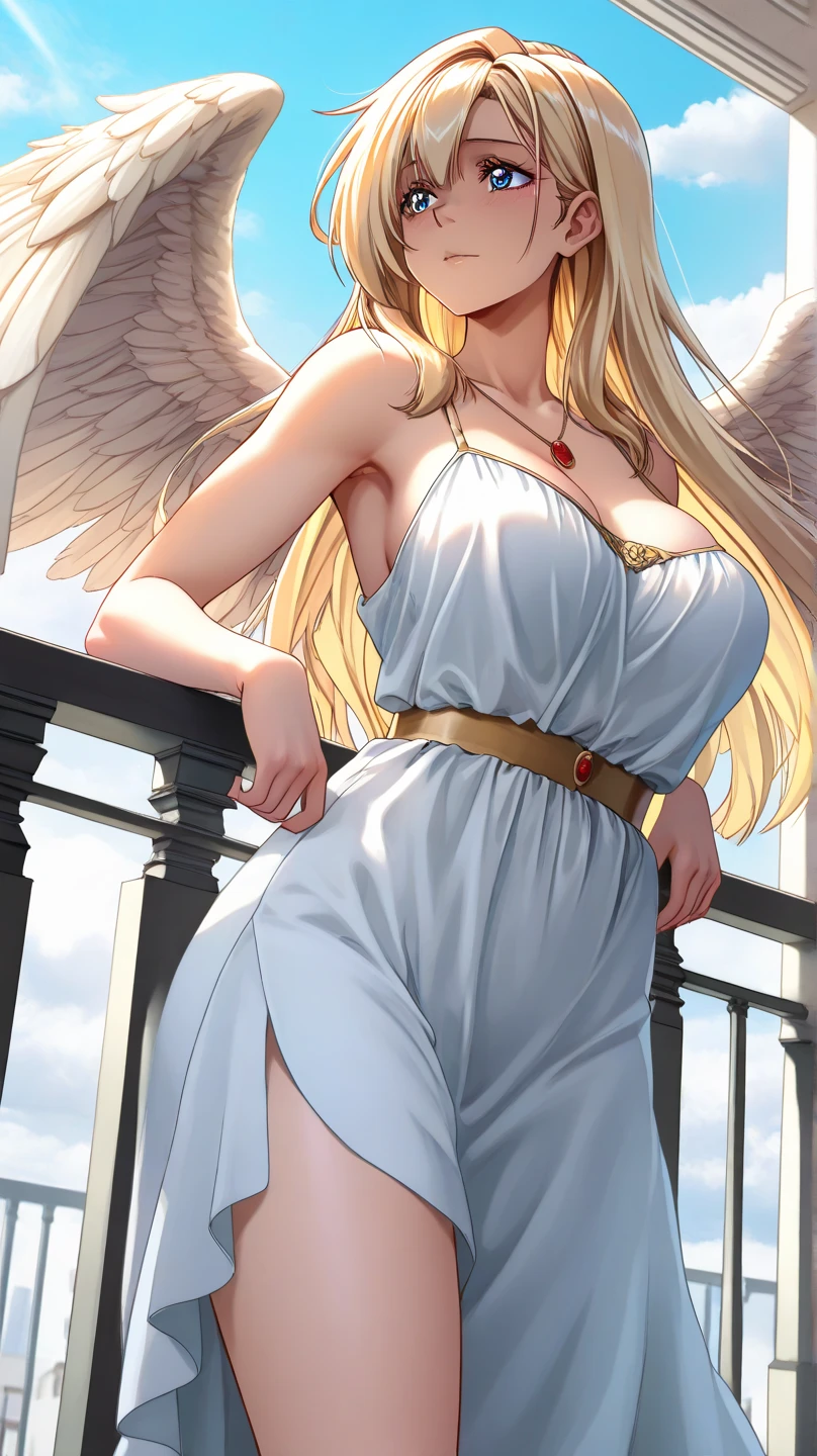 Very beautiful woman angel、Big Wings、 Angel Halo、 Sheer dress in ancient Greek style、 Realistic、Face reality、and、Sexy smile、Small breasts、Sexy pose、