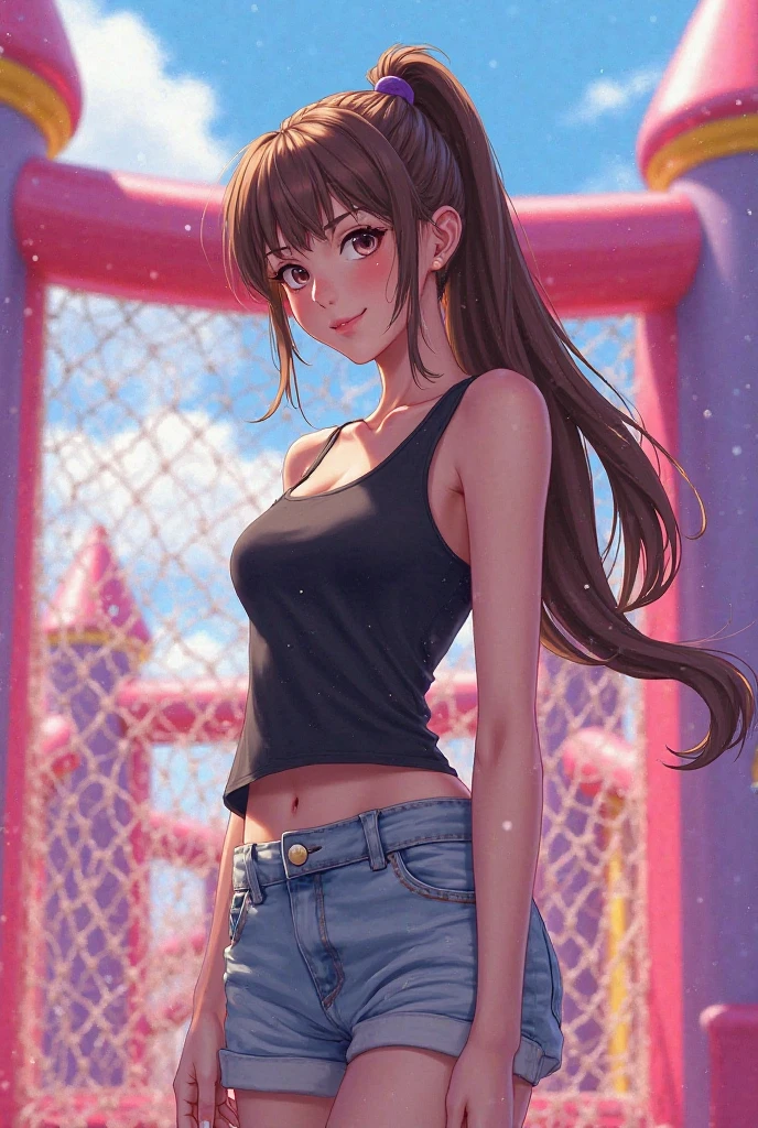 realistic anime illustration of pretty woman is sitting on seat at theme park, she has a dark-brown long wavy hair and swept-side bangs, she wearing rose pink crop camisole, blue denim pencil mini skirt, (1girl, solo, full body), (masterpiece, best quality, manhwa style), (expressive eyes, perfect face)