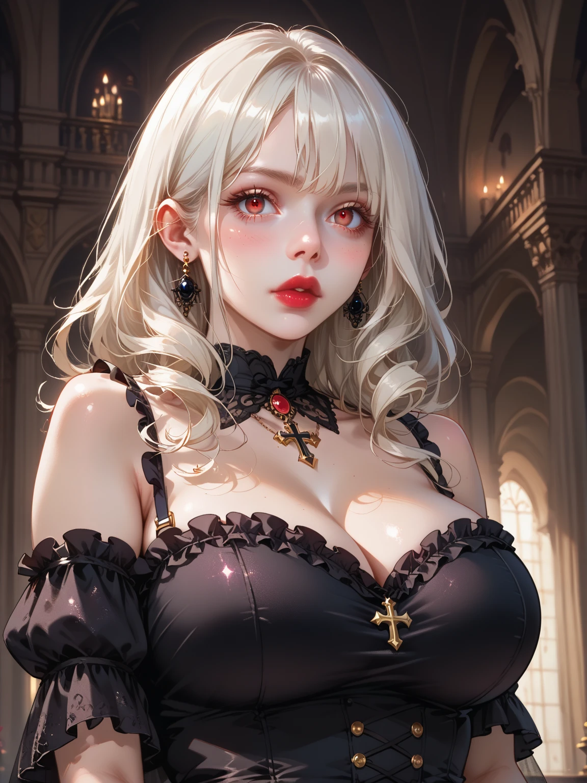 (score_9,score_8_up,score_7_up), source_anime, Gothic blonde Lolita, cleavage, midriff, perfect eye color, long hair; sexy, cute, zPDXL2, being bored. 1girl, black chocker