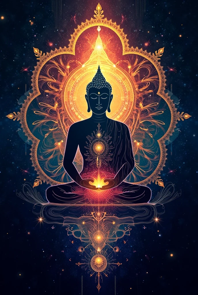 Abstract representation of a human soul silhouette meditating, highly detailed, vibrant colours