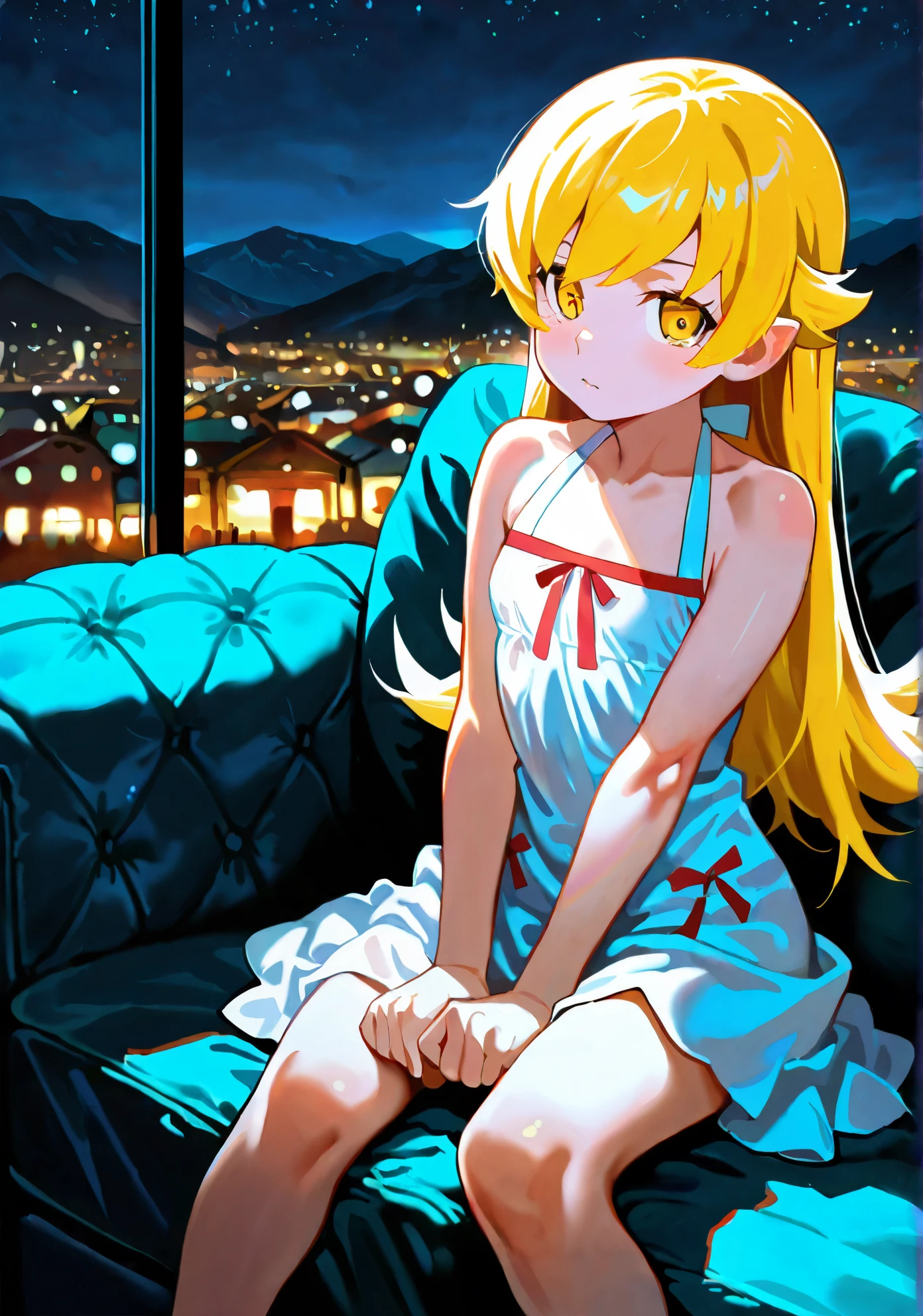 1 girl, Misa Amane, sitting on the bed, wearing Christmas outfit, red skirt, bare legs, crossed legs, high quality, sfw, good anatomy