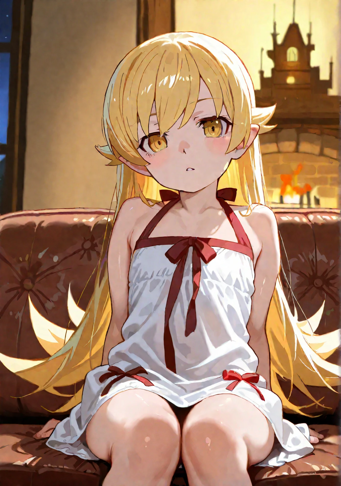 obese shinobuYoung, masterpiece, best quality, absurdres, obese 1girl, big cheeks, blonde hair, solo, classroom, night, flat breasts, desk, loli, round table, sitting, looking away, bare shoulders, sundress, white dress, strap slip, clavicle, (viewed from above:1.1), (expressionless:1.1), slender, see-through, (checkered floor:1.5), (knee up:1.3)