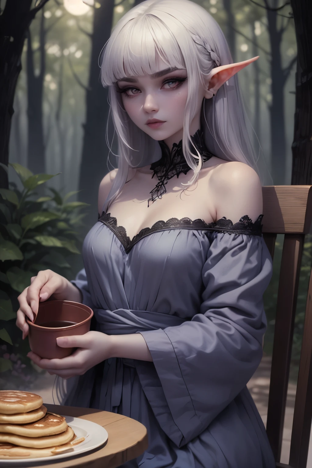 (Ultra-detailed face, Looking away, Gothic Illustration, Dark tone colors.), BREAK
(In a bright forest where the sun shines. Lunch time. Fantastic. Mysterious. Elegant.), BREAK
(A mysterious dark elf woman is pouring syrup in a small pot over pancakes on the table. A large, brightly colored, shiny blue butterfly is perched on the edge of the pancake.), BREAK
(She has gray hair, gray eyebrows, blunt bangs, shoulder-length hair, small pink lips, lavender eyes, dark gray skin, and eye makeup with a butterfly motif.), (She wears a blue gradient nightdress draped in frugal linen.)