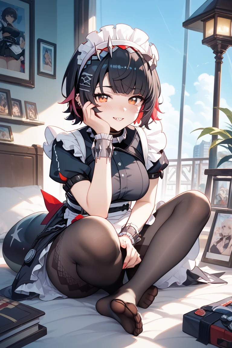 solo,1girl(big breast)(masterpiece, best quality:1.2),Ellen Jo,Zenless Zone Zero,alternate costume ,maid, shark tail, (shark girl:0.5), short hair,black hair,red eyes, tail, pantyhose,multicolored hair, black footwear, short sleeves, apron, wrist cuffs, maidheaddress, stockings, nyantchaellen joe, black hair, red hair,colored inner hair, multicolored hair, (red eyes:1.3), red hair, short hair, two-tone hair,apron, black pantyhose, black shirt, ear piercing,