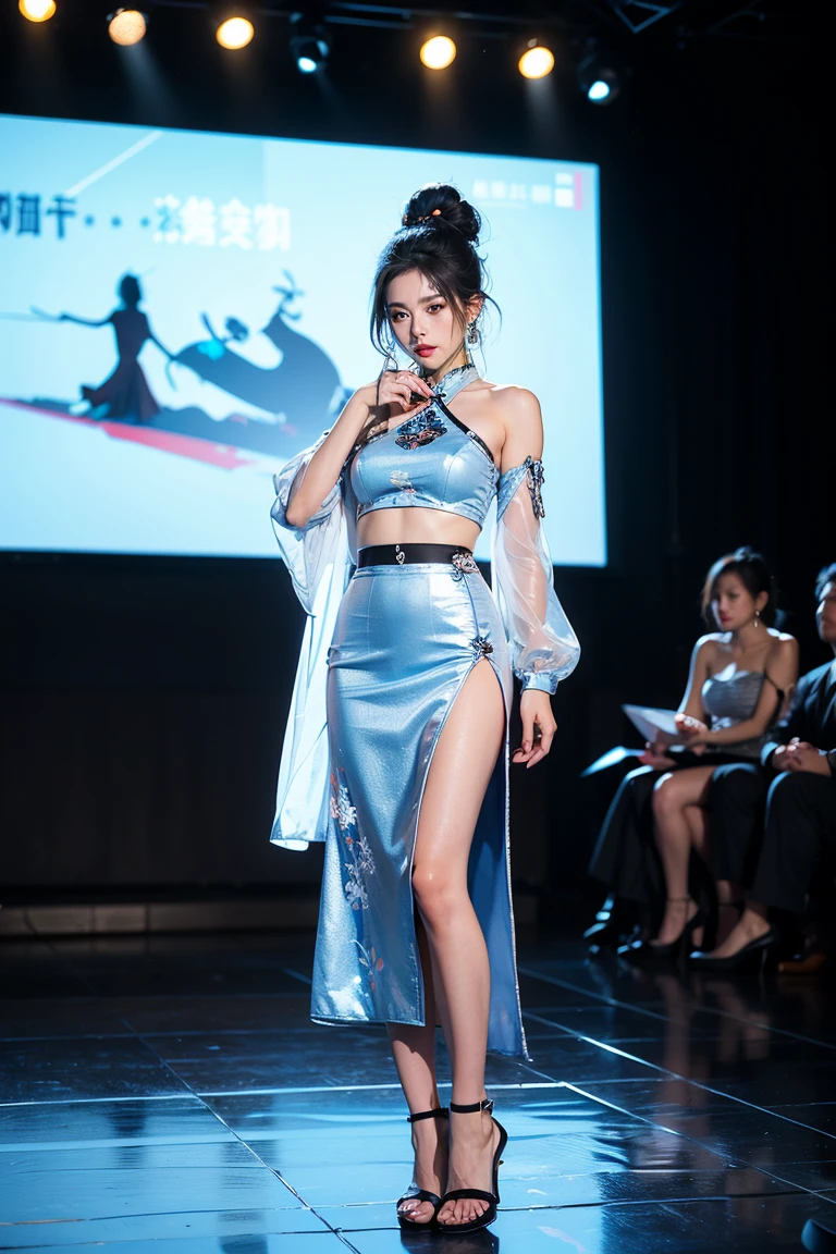 bluer hair:1.2,Short hair,femele,Ancient Chinese street scene,Rainy days,Blue cheongsam tight one-piece slit，Broad bare breasts，The skirts parted，Satin,Full-body image，Wet dripping，Holding a green dragon sword in his hand，The sword body is bubbling with cold light，Facial moisture，Expose the collarbone