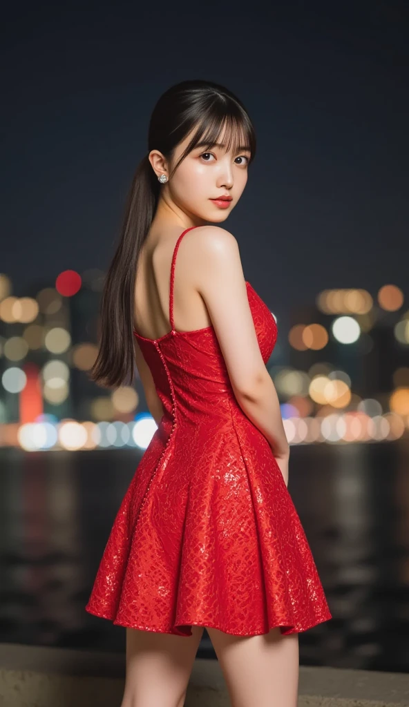 Dress silk open shoulders neckline long with cutout city evening lanterns, wind, beautiful hair stockings 