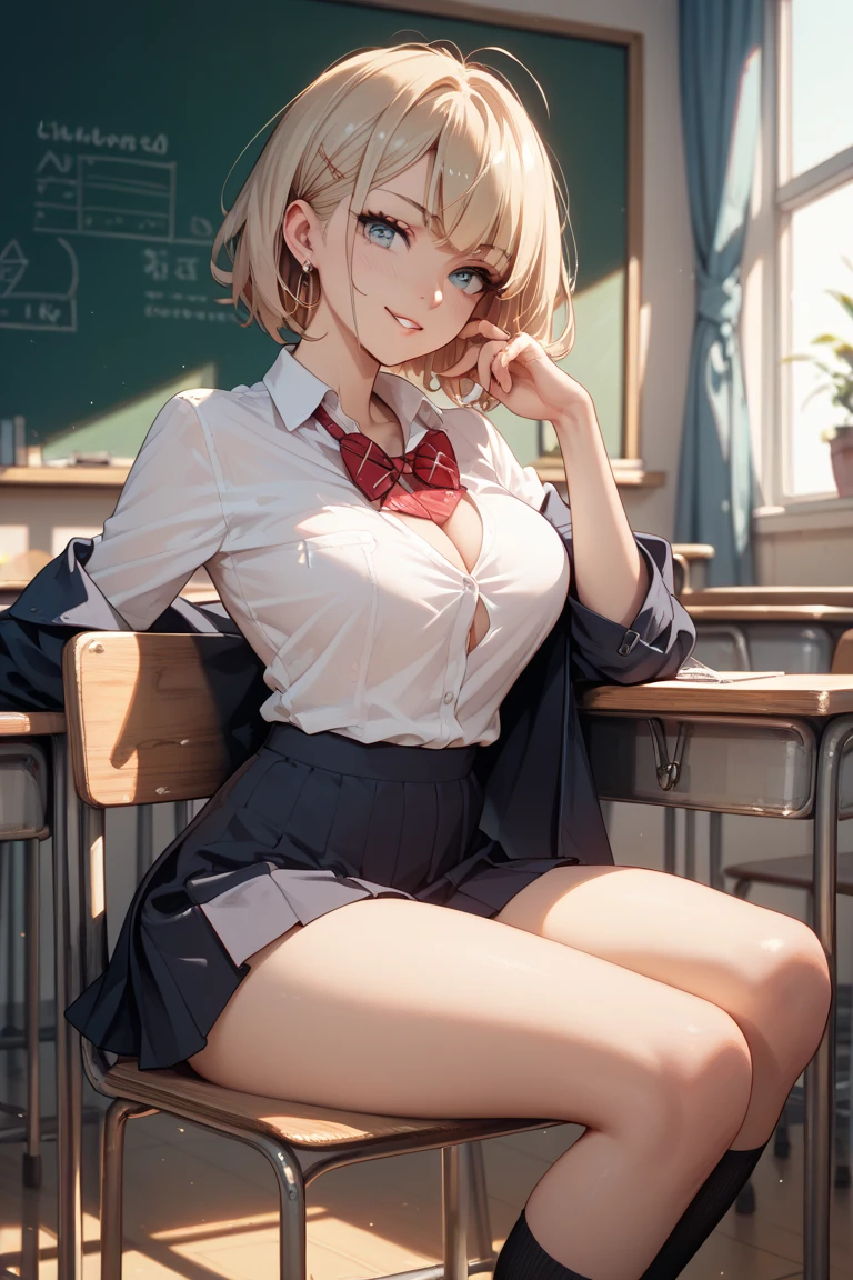(Highest quality:1.2, High detail, masterpiece:1.2, Best aesthetics), (1 Girl), Cowboy Shot,red jacket,white shirt,white miniskirt,black long socks,brown heels,blue tie,Kushida kikyou, Beautiful detailed eyes, Beautiful detailed lips, Highly detailed face, Detailed Fashion, elegant, luxury, High quality fabric, Shine, Shine, smile, Random Pause, Dutch Angle, classroom, night, Dramatic lighting, Cinematic, Bright colors, Intricate details, Chiaroscuro lighting.,large breasts ,blonde hair, light purple eyes,red nails,finger in mouth, teacher desk, sitting on teacher desk,people on background,lift her skirt up to show thongs,thongs,lifted skirt,hold her skirt lifted,hold her skirt up with her arm, panties aside,pussy