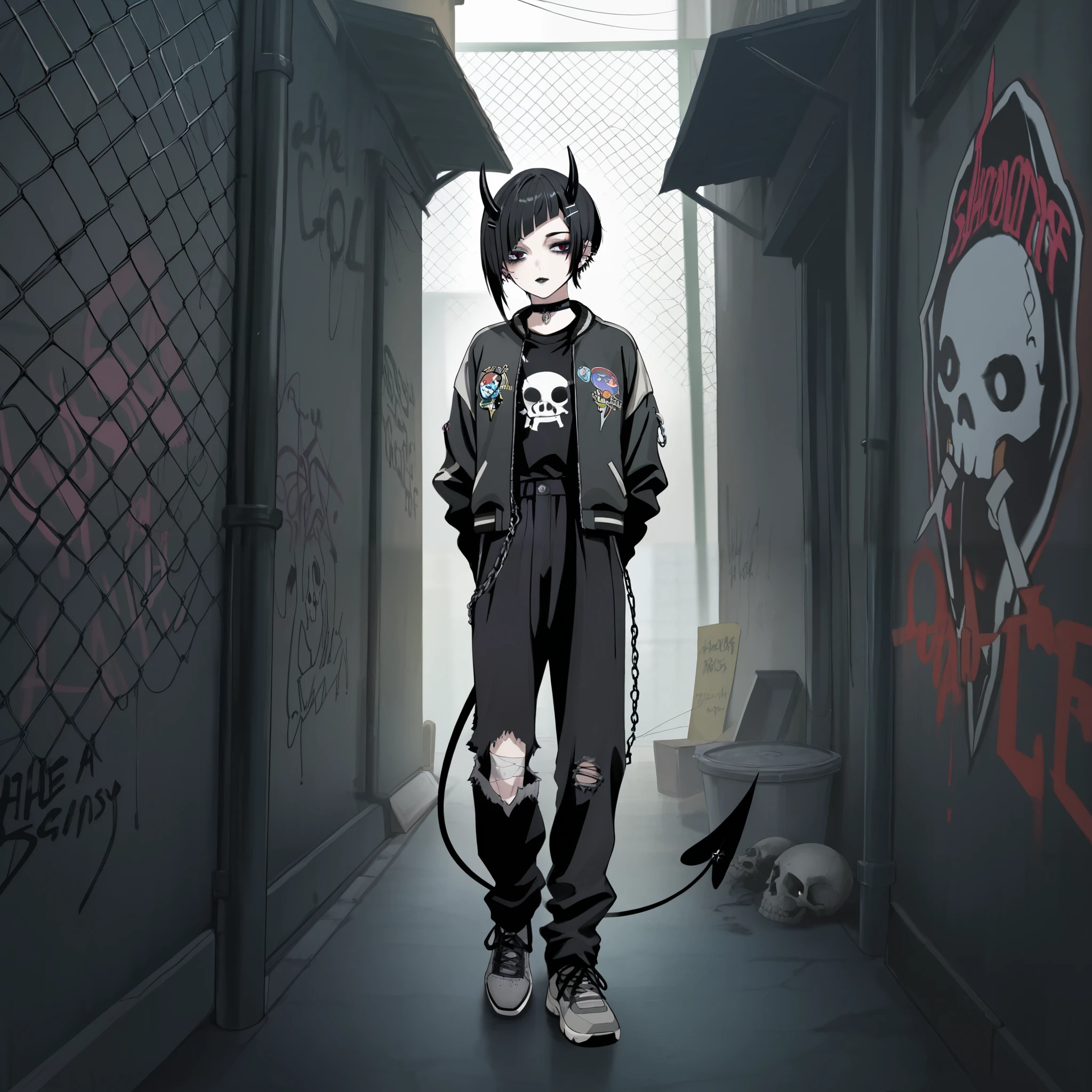 skinny tired girl is belong to emo/goth subculture. She has obsidian black hair with highlighted white strands , she has a wolf haircut and long bangs that hide half of her face. She has a lot of metal hairpins, barrette, hair clips on her bangs. Her eyes are purple. She has black Gothic makeup: black lipstick,black eyeliner and leaking mascara, black eye shadow. She has a lot of piercings and tattoos. On her neak she wears a spiky choker. She is dressed in a gray torn brand T-shirt with a skull print or metallica band, a bomber sport-jacket with set of safety pin and badges, oversized jeans with ripped holes on her knees, and gray sneakers. Her palms is bandaged. on her forehead two obsidian black devil horns,behind her back devilish pointy tail. she is hanging around in an alley where the walls are covered with graffiti and the passage is twisted by a chain-link fence. on the background is fogy abandoned city.