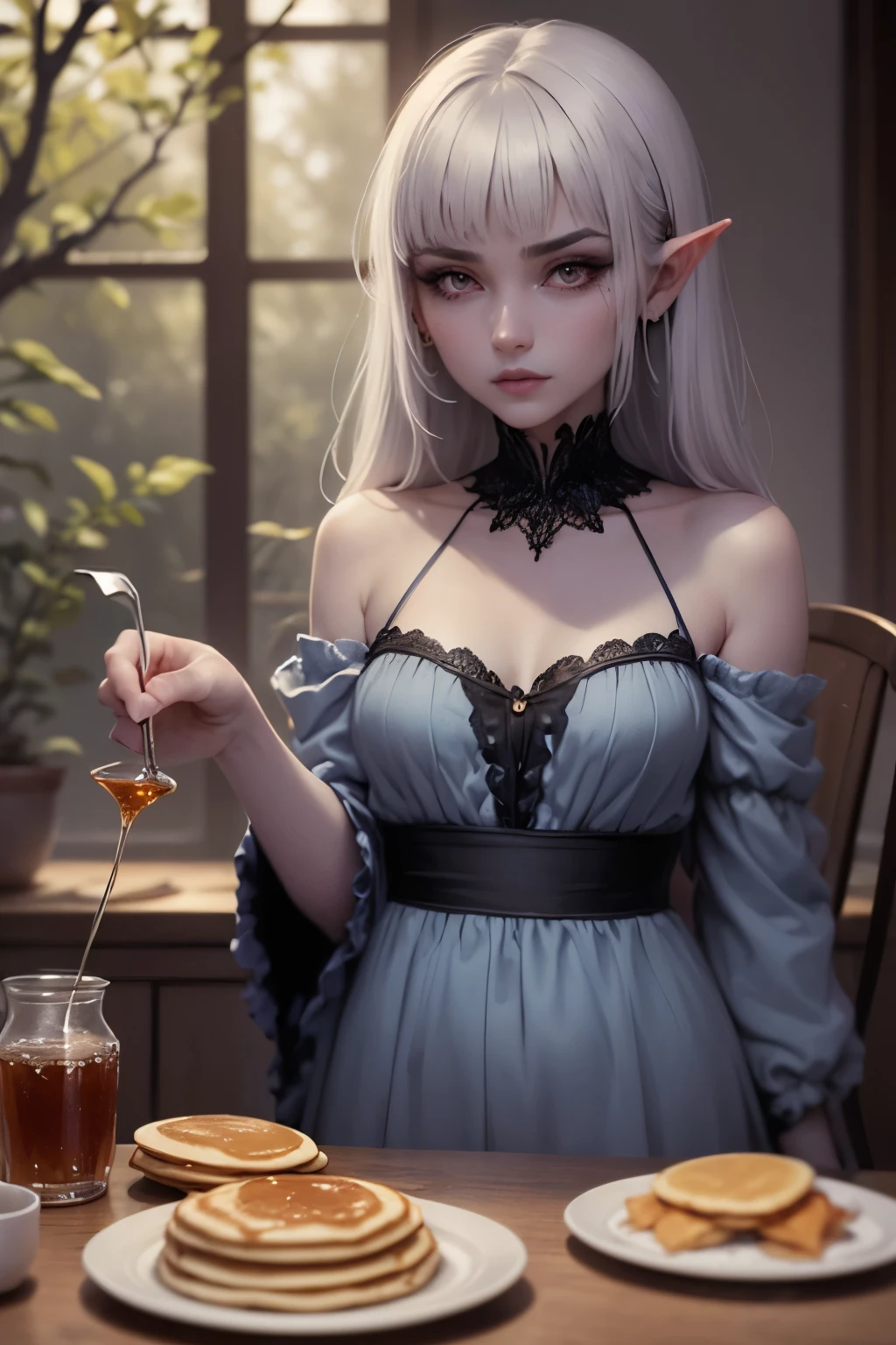 (Ultra-detailed face, Looking away, Gothic Illustration, Dark tone colors.), BREAK
(In a bright forest where the sun shines. Lunch time. Fantastic. Mysterious. Elegant.), BREAK
(A mysterious dark elf woman is pouring syrup in a small pot over pancakes on the table. A large, brightly colored, shiny blue butterfly is perched on the edge of the pancake.), BREAK
(She has gray hair, gray eyebrows, blunt bangs, shoulder-length hair, small pink lips, lavender eyes, dark gray skin, and eye makeup with a butterfly motif.), (She wears a blue gradient nightdress draped in frugal linen.)