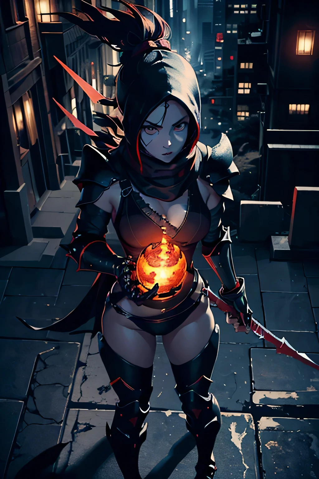 ninja, female, mechanical, heavy metal, armor, darkness, wielding chained sickle, spikes, long red scarf, standing on top of a skyscraper, best quality, high resolution, 8k, dynamic lighting, rough texture, shadowing