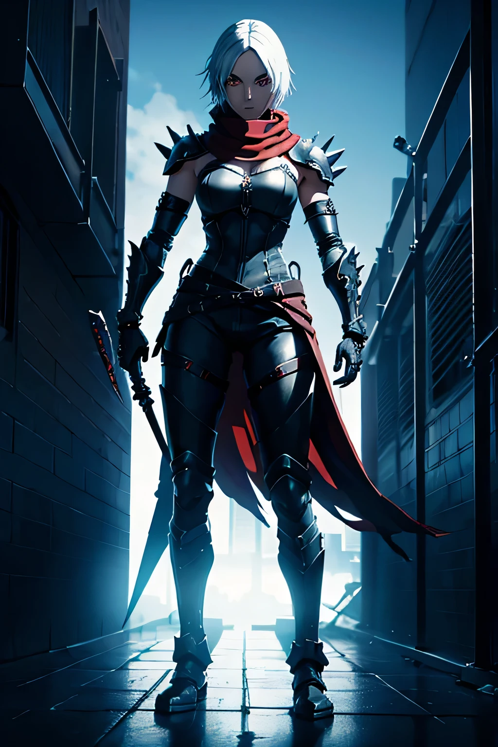 ninja, female, mechanical, heavy metal, armor, darkness, wielding chained sickle, spikes, long red scarf, standing on top of a skyscraper, best quality, high resolution, 8k, dynamic lighting, rough texture, shadowing 