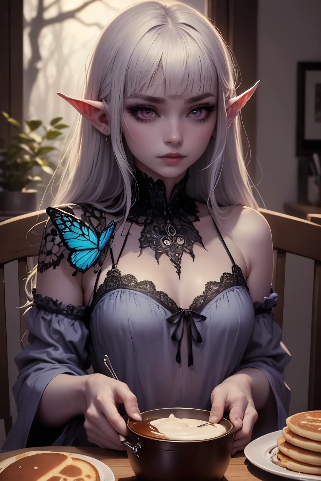 (Ultra-detailed face, Looking away, Gothic Illustration, Dark tone colors.), BREAK
(In a bright forest where the sun shines. Lunch time. Fantastic. Mysterious. Elegant.), BREAK
(A mysterious dark elf woman is pouring syrup in a small pot over pancakes on the table. A large, brightly colored, shiny blue butterfly is perched on the edge of the pancake.), BREAK
(She has gray hair, gray eyebrows, blunt bangs, shoulder-length hair, small pink lips, lavender eyes, dark gray skin, and eye makeup with a butterfly motif.), (She wears a blue gradient nightdress draped in frugal linen.)