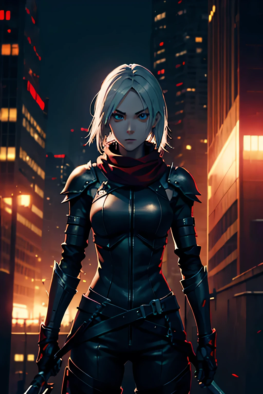 ninja, female, mechanical, heavy metal, armor, darkness, wielding chained sickle, spikes, long red scarf, standing on top of a skyscraper, best quality, high resolution, 8k, dynamic lighting, rough texture, shadowing