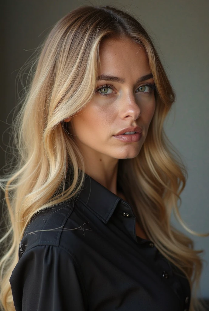Photo brute, une ivoirien de 23 ans, balayage blond, cheveux longs, poitrine de taille moyenne, corps en forme de sablier, porter une tenue professionnelle, (soft backlight), realistic, chef-d&#39;artwork, highest quality, Reflet, [[aberration chromatique]],meilleure ombre, Photorealism, hyperréalisme, Une fille