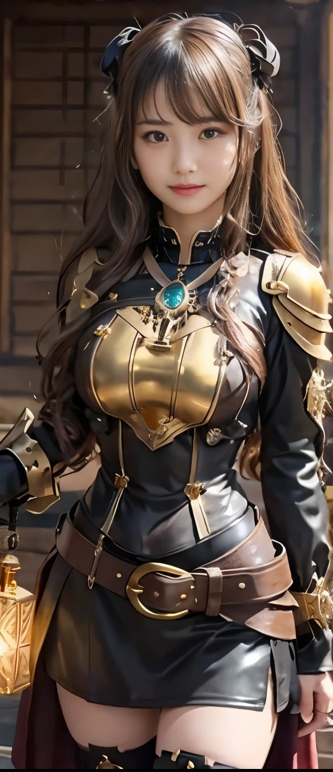 Steampunk Idol Girl （wavy hair）、A pure girl's face、 hypo、Gold and Black Alchemy Armor Uniform、 Gold Belt 、Glowing Gold Cube