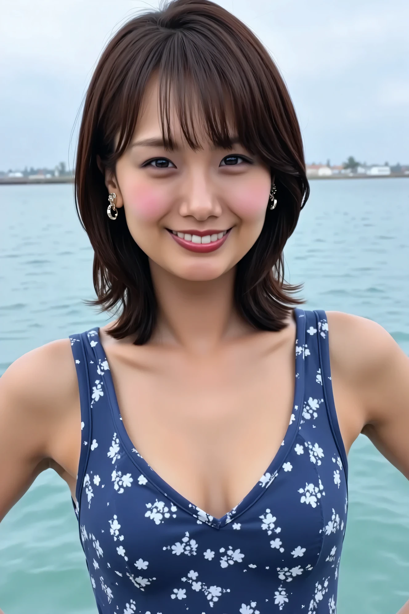 ((( High Resolution , top quality, very well detailed, masterpiece ,  highly detailed photos , realistic , Real people , Ultra precise skin ))) ,    , (   from the front  ) , full body ,  Advance Shot ,  Viewer , ( giggle face ) , { wearing the diving suits that is half-way undressed : 1.8 } , black hair ,   medium hair , medium breasts , focus on the face , chest and hip  , (( tuck hair behind the ear : 1.8))  , { nsfw }   ,  Around the sea  ,  water drop  ,  the hair and body is wet