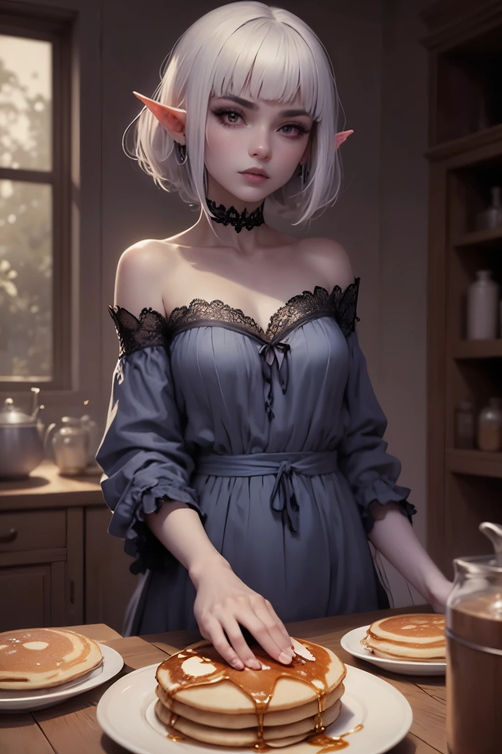 (Ultra-detailed face, Looking away, Gothic Illustration, Dark tone colors.), BREAK
(In a bright forest where the sun shines. Lunch time. Fantastic. Mysterious. Elegant.), BREAK
(A mysterious dark elf woman is pouring syrup in a small pot over pancakes on the table. A large, brightly colored, shiny blue butterfly is perched on the edge of the pancake.), BREAK
(She has gray hair, gray eyebrows, blunt bangs, shoulder-length hair, small pink lips, lavender eyes, dark gray skin, and eye makeup with a butterfly motif.), (She wears a blue gradient nightdress draped in frugal linen.)