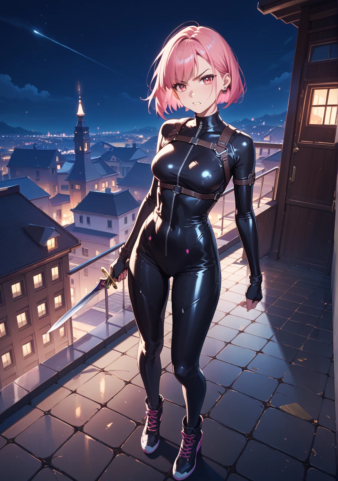 {1girl in},{{{{{masutepiece++, Best Quality++, Ultra-detailed+, 超A high resolution,(Photorealistic:1.4)Cowboy Shot,Mash Kyrielight, (Fate)Raw photo,(Mash Kyrielight)+,(Mash Kyrielight)+,(Mash Kyrielight,  (Fate),(Pink hair,Short hair,)Purple eyes,Hair over one eye ,((girl in black latex suit 1.4)), (Doll Suit:1.3)very aesthetic, Best Quality, absurderes, 1girl in, Brainwashed,}}}} ((Sky Eyes 1.3)), (huge-breasted:1.2)The shape of  is clearly visible、(The shape of the pubic area is clearly visible))deadpan, laboratory, Darkness Room, (Neon light:1.2), (Night:1.5), stand up and salute