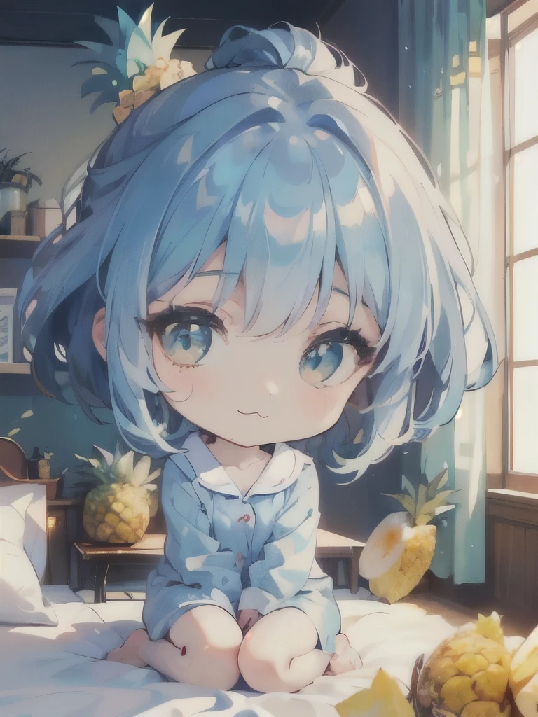 (masterpiece、little character、best image quality:1.5)、(fresh pineapple、well-shaped pineapple:1.4)、(best quality、beautiful anatomy、 Anime Moe 、Chibi Body、Sharp Face、thin legs、light-reflecting skin、white skin、 Delicately Drawn Fingers :1.2)、(light blue hair color、 Short Chignon Hair 、golden eyes、:3、 stupid hair :1.3)、(Animal pattern pajamas、 floral motifs 、bare feet、Say hello:1.3)、(Beautiful night view、knee to align、One bed room:1.3)